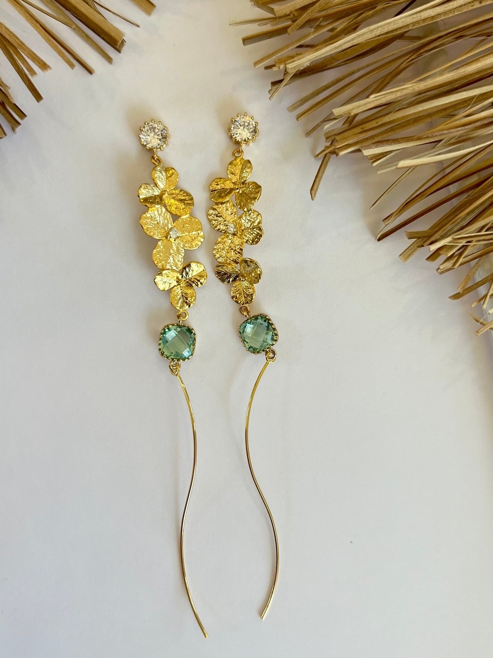 Gold Floral Drop Earrings with Green Crystal Accents - Women Jewelry